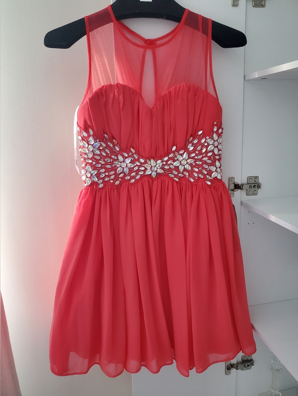 Macy's Coral Pink Formal Party Dress with Embellished Waist